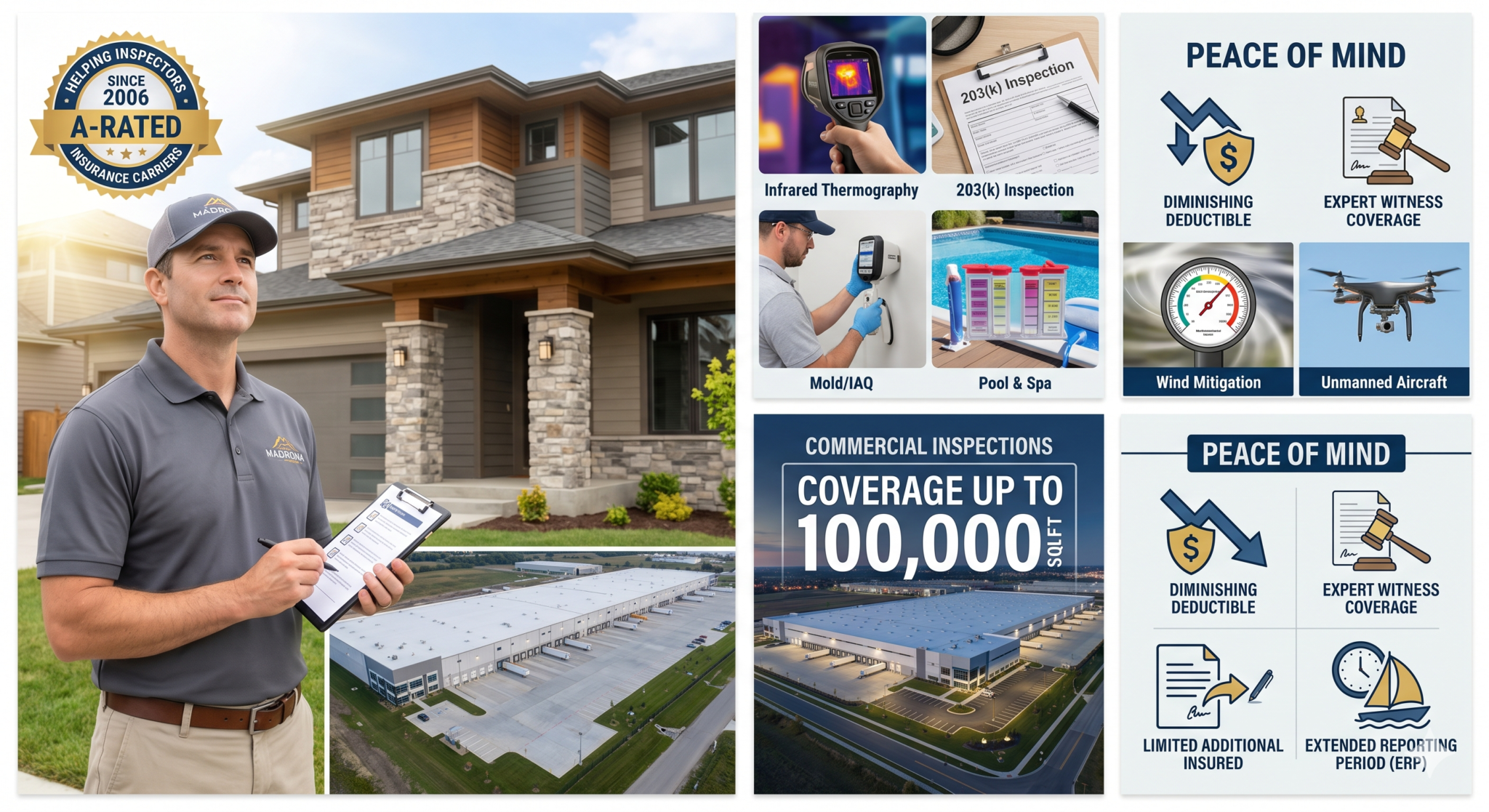Madrona A-Rated home inspector coverage — infrared thermography, 203(k), mold/IAQ, pool & spa, wind mitigation, unmanned aircraft, commercial inspections up to 100,000 sqft, diminishing deductible, expert witness coverage, extended reporting period