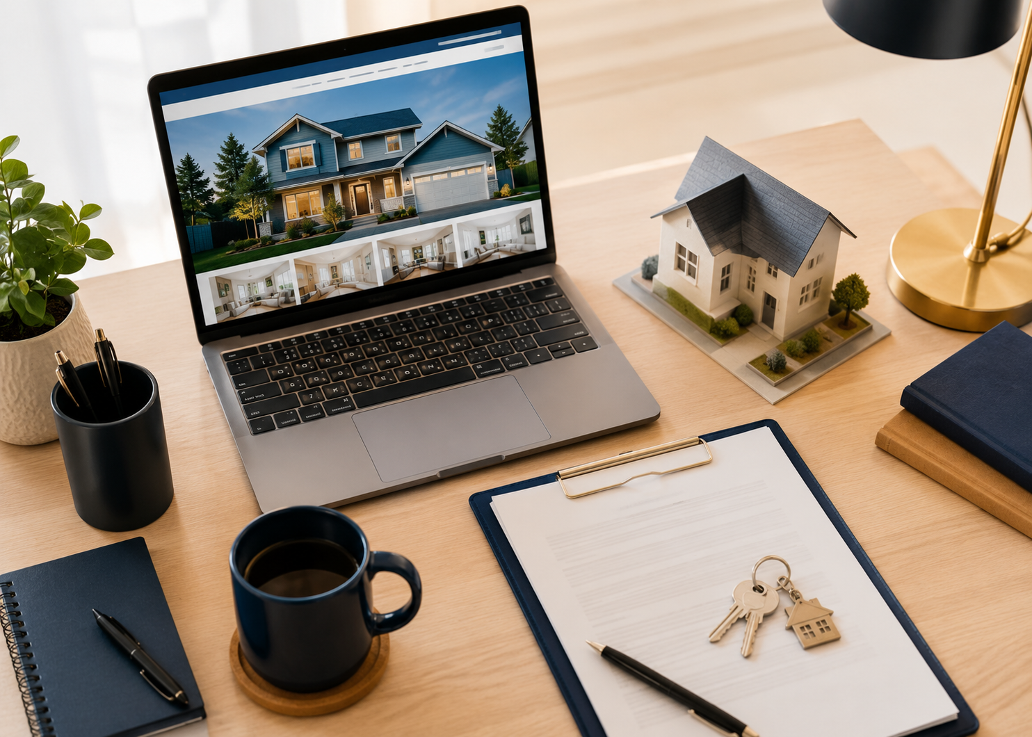 Real estate documents, keys, and laptop on a desk